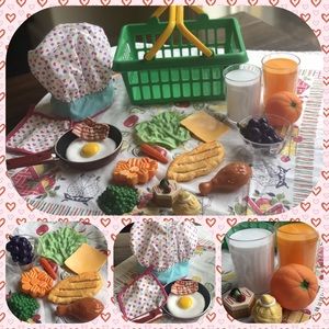 child Play fake Food Market Shopping Basket Chefs Hat Eggs Bacon Pan milk juice